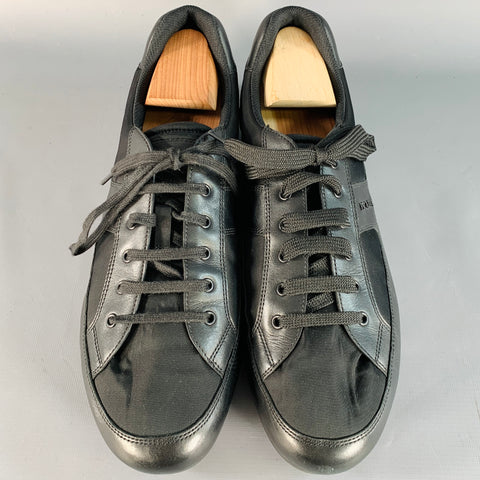 PRADA Size 12 Black Nylon Leather Low Top Lace-Up Sneakers