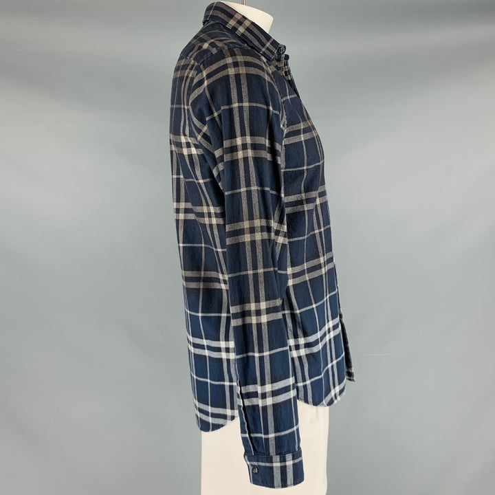 BURBERRY Size L Navy Grey Plaid Cotton Button Up Long Sleeve Shirt