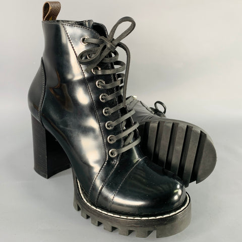 LOUIS VUITTON Size 7.5 Black Patent Leather Tread Sole Lace-Up Boots