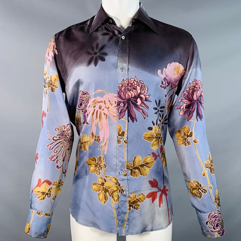 GUCCI by TOM FORD SS01 Size S Blue Multi Color Floral Silk French Cuff Long Sleeve Shirt