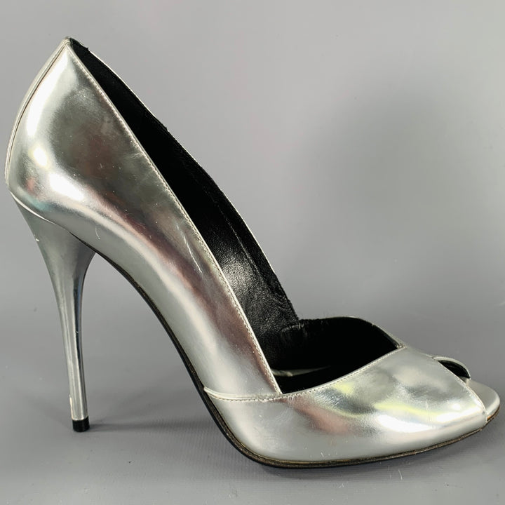 BALMAIN Size 6 Silver Patent Leather Peep Toe Heels Pumps