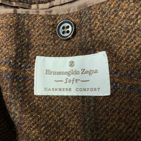 ERMENEGILDO ZEGNA Chest Size 44 Brown Blue Plaid Cashmere & Silk Sport Coat