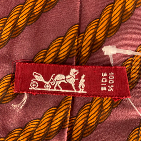 HERMES Orange Burgundy Rope Silk Cashmere Tie