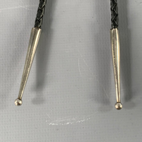 VINTAGE Silver Black Leather Metal Flower Bolo Tie