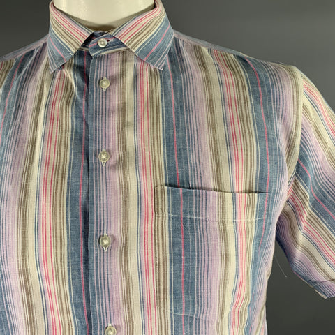 NEIMAN MARCUS Size L Blue Pink Purple Stripe Linen Short Sleeve Shirt