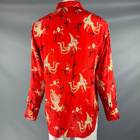 BILLIONAIRE COUTURE Size XL Red Black Gold Phoenix Print Silk Long Sleeve Shirt