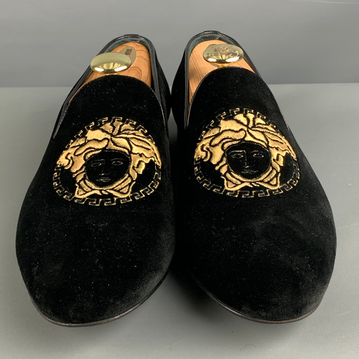 VERSACE Size 9 Black Gold Embroidery Velvet Slip On Loafers