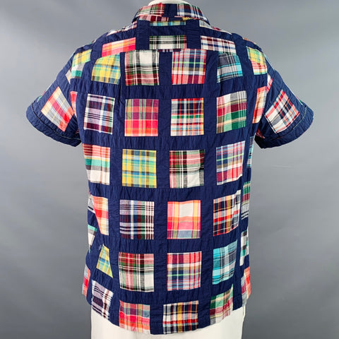 MONITALY Size L Navy Multi Color Madras Cotton Two Pockets Short Sleeve Shirt