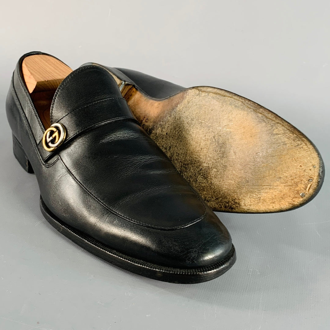GUCCI Size 8.5 Black GG Monogram Leather Strap Slip On Loafers