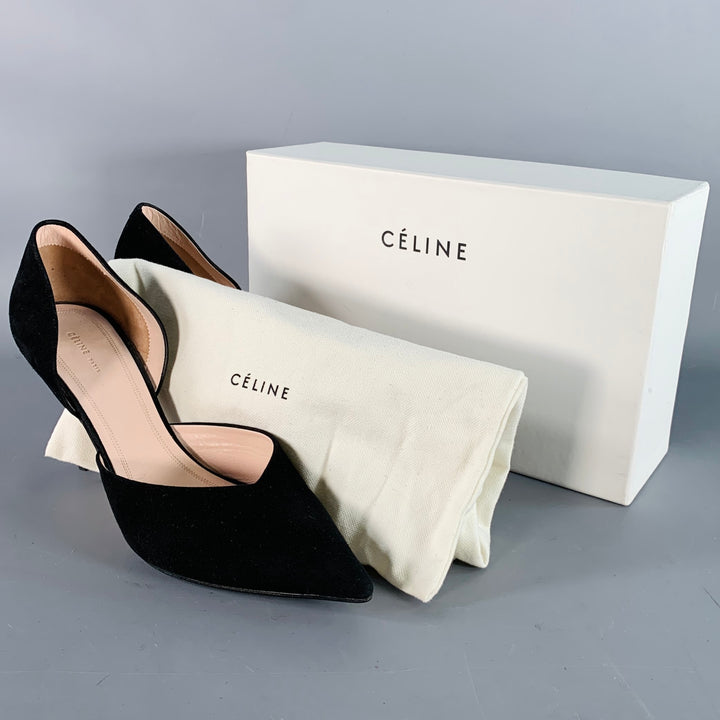 CELINE Size 8.5 Black Suede Pointed Toe D'Orsay Stiletto Pumps