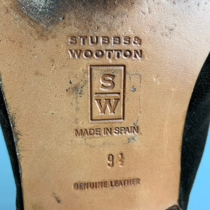 STUBBS &amp; WOOTTON Talla 9.5 Zapatos planos sin cordones de cuero bordado de terciopelo marrón