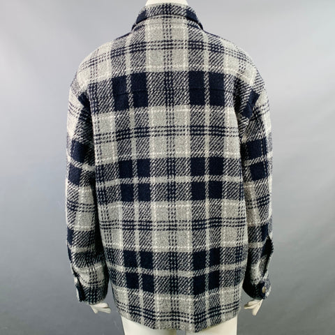 AMINA RUBINACCI Size L Navy Grey Virgin Wool Blend Plaid Shirt Jacket