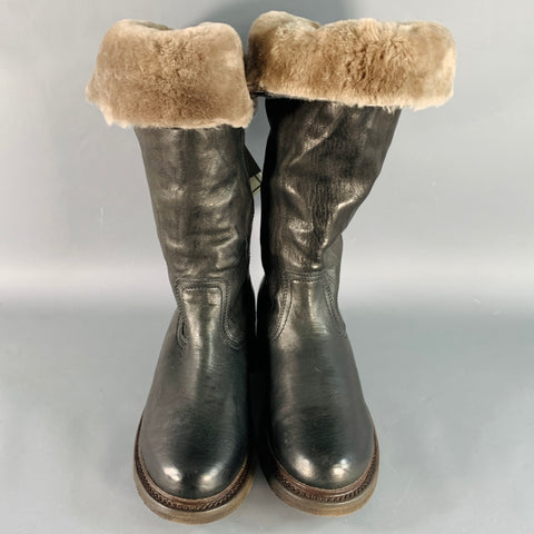FRYE Size 7 Valerie Black Leather Foldover Shearling Pull On Boots