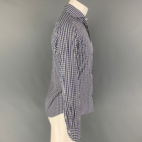 HITOYOSHI Size M Navy White Checkered Cotton Button Up Long Sleeve Shirt