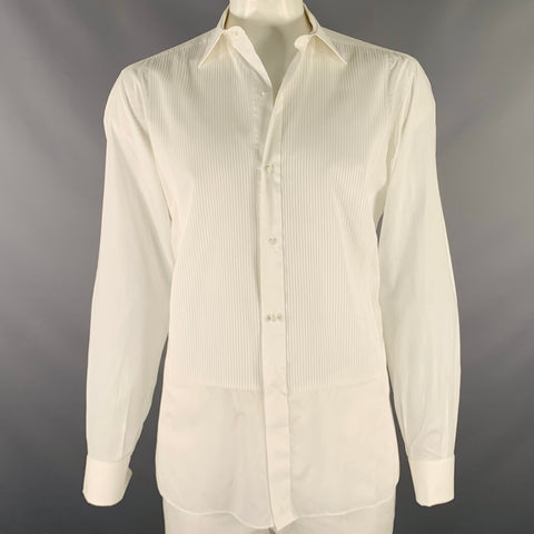 BRIONI Size L White Cotton Tuxedo Long Sleeve Shirt