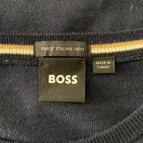 HUGO BOSS Pull ras du cou en laine tricotée bleu marine, taille XL