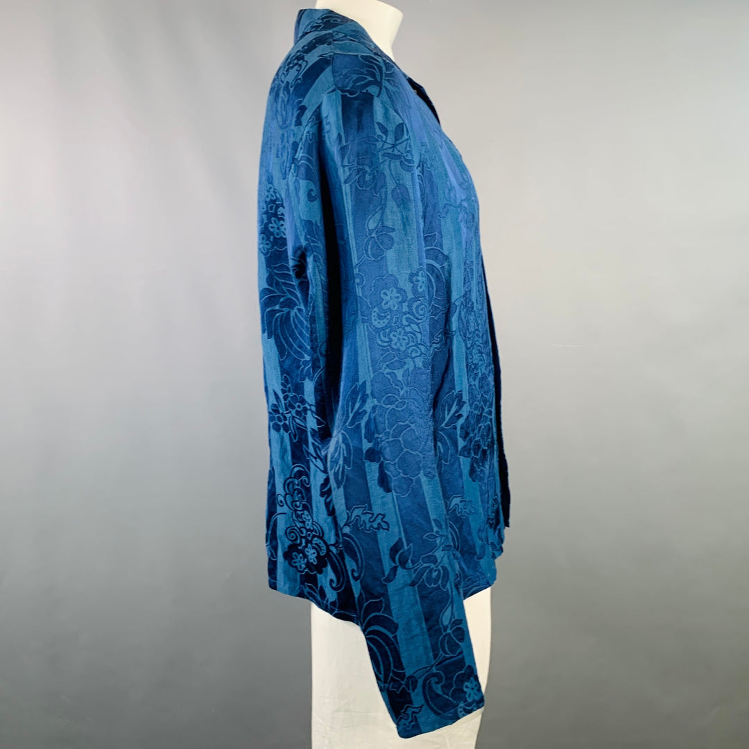 HAIDER ACKERMANN Size XL Blue Jacquard Linen Silk Floral One Pocket Long Sleeve Shirt
