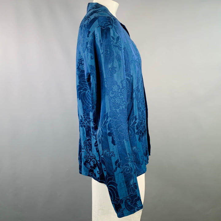 HAIDER ACKERMANN Size XL Blue Jacquard Linen Silk Floral One Pocket Long Sleeve Shirt