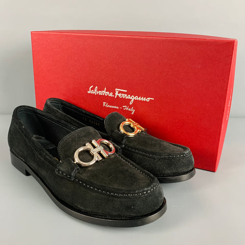 SALVATORE FERRAGAMO Size 6.5 Black Silver Gold Suede Loafer Flats