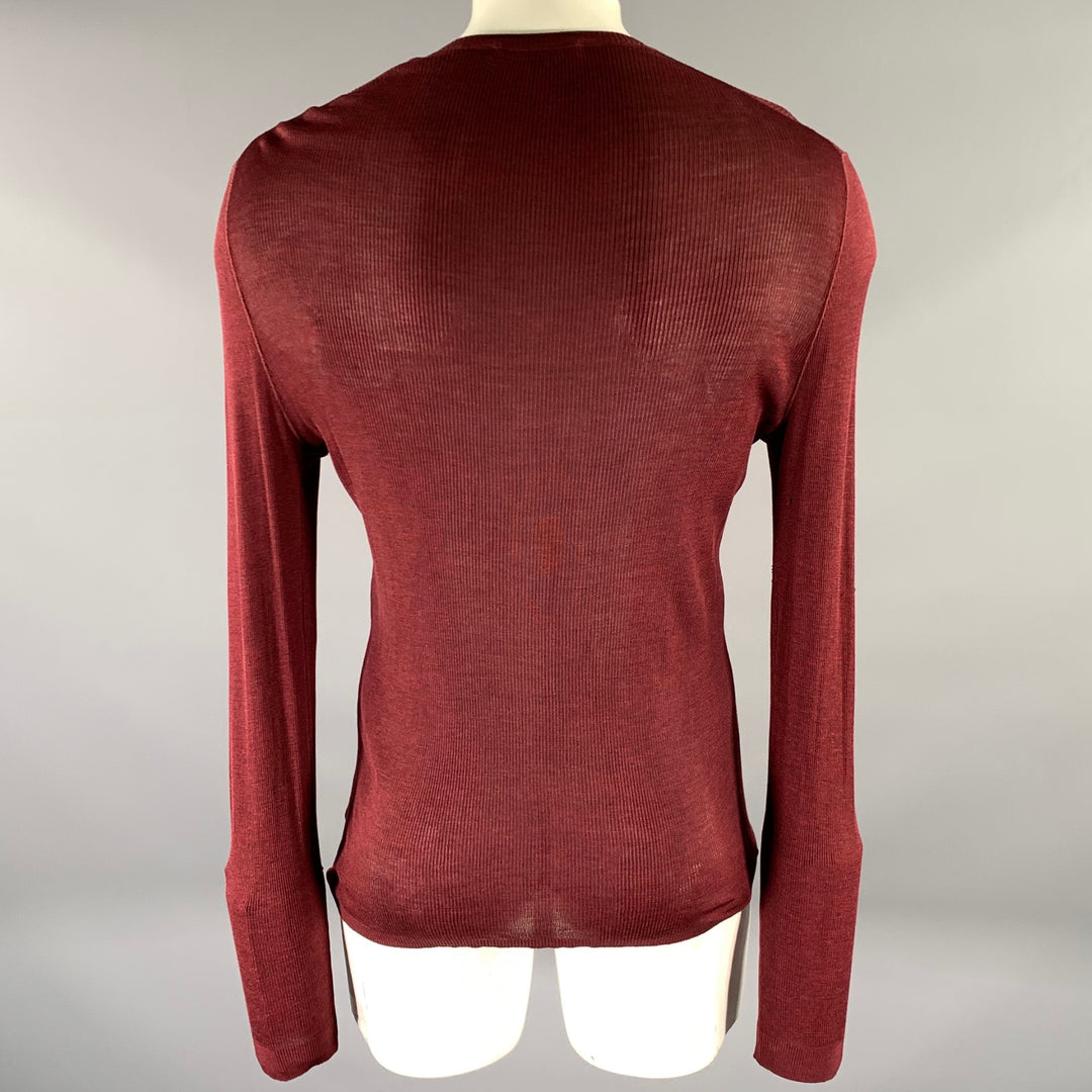 GUCCI Size XL Burgundy Ribbed Knit Silk V-Neck Pullover
