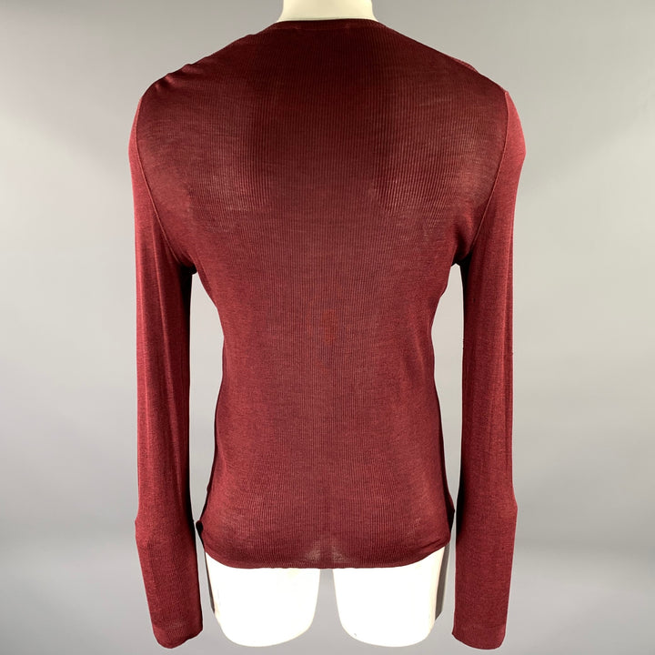 GUCCI Size XL Burgundy Ribbed Knit Silk V-Neck Pullover