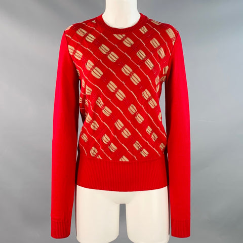 MARNI Size 4 Red Beige Wool Textured Crew Neck Pullover