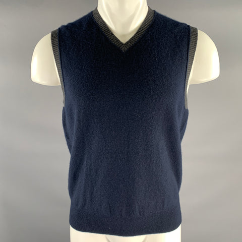 VINCE Size M Navy Grey Cashmere V-Neck Sweater Vest