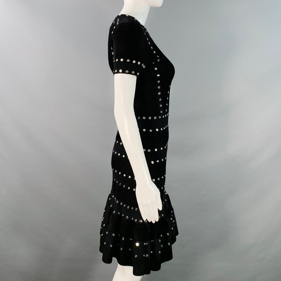 ALEXANDER MCQUEEN Size S Black Viscose Blend Studded Trim Flounce Dress