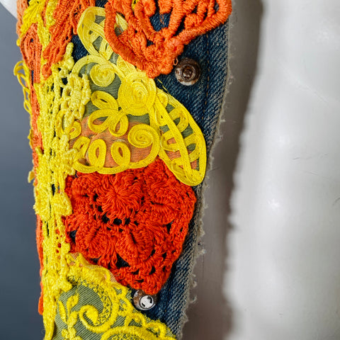 EARTHLING VIP Size XL Poetic Lust Blue Orange Yellow Lace Crochet Cotton Snaps Vest