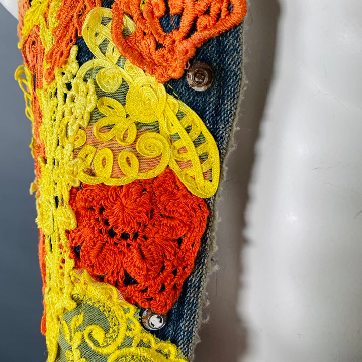 EARTHLING VIP Size XL Poetic Lust Blue Orange Yellow Lace Crochet Cotton Snaps Vest