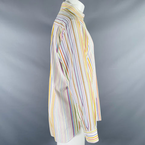 BRIONI Size M White Multi Color Stripe Cotton Button Up Long Sleeve Shirt