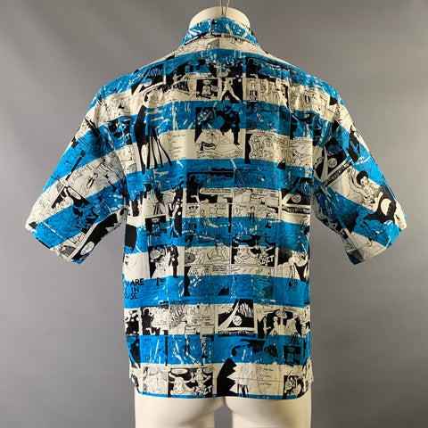 PRADA Size XS Blue Black & White Comic Print Viscose Camp Short Sleeve Shirt