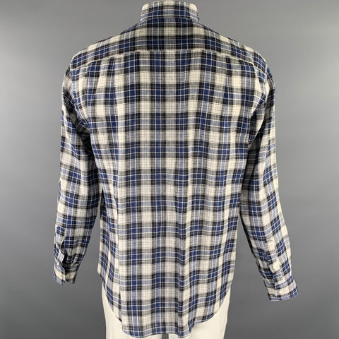 BRIONI Size L Blue Black White Plaid Linen Pointed Collar Long Sleeve Shirt