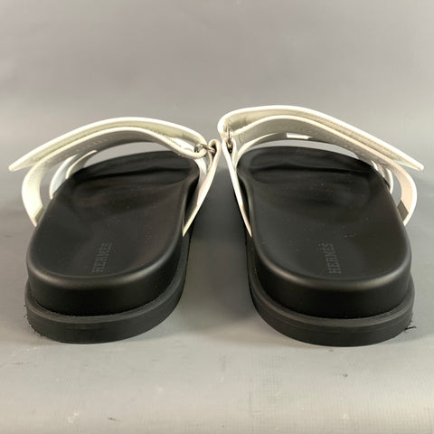 HERMES Size 9 White Black Leather Sandals