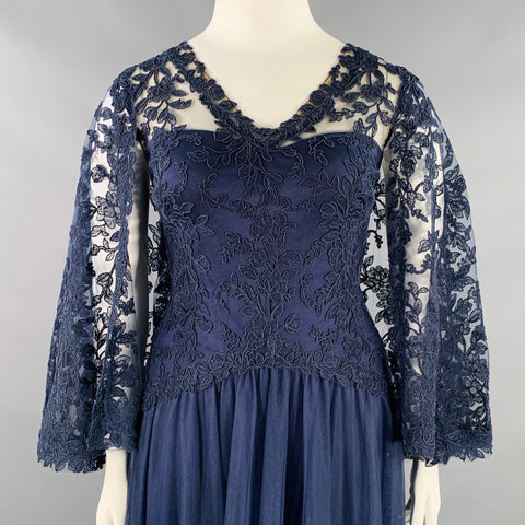TADASHI SHOJI Size 16 Navy Nude Polyester Blend Lace Capelet Gown/Evening Wear