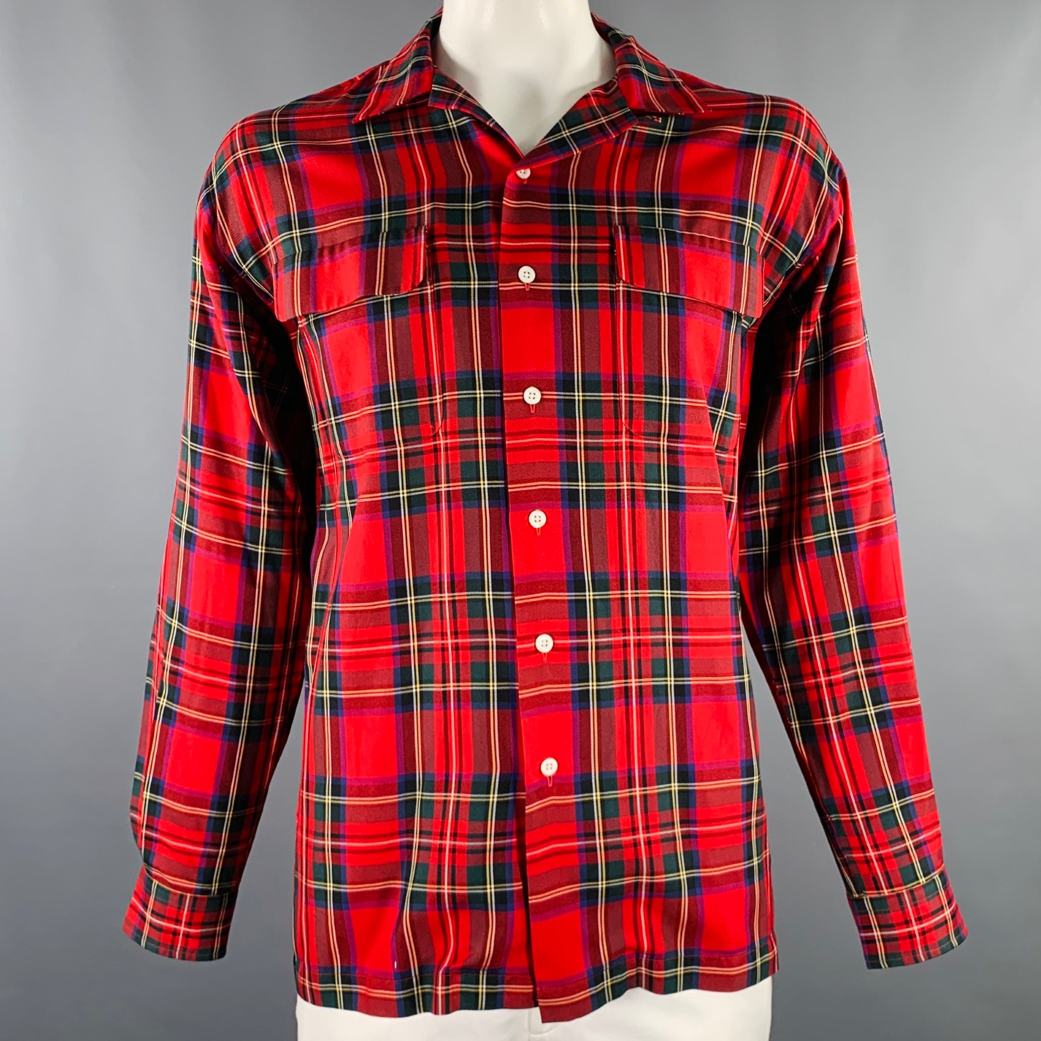 POLO by RALPH LAUREN Size L Red Green Plaid Silk 2 Pockets Long Sleeve Shirt