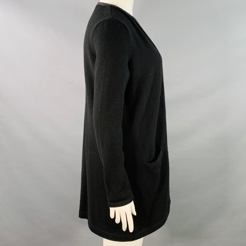 RALPH LAUREN Size L Black Cashmere Lambskin Trim Open Front Cardigan