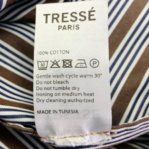 TRESSE' Size 2 Brown Black White Cotton Stripe Ruched Button Up Casual Top