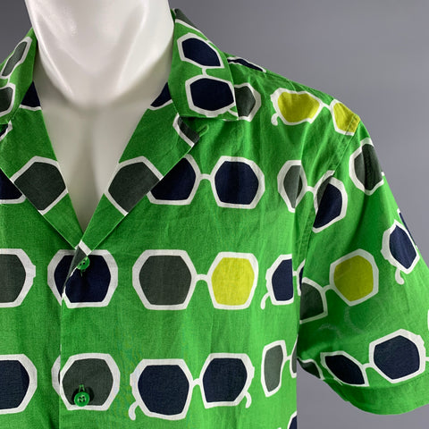 MR TURK Size XL Green Navy White Graphic Cotton Camp Short Sleeve Shirt