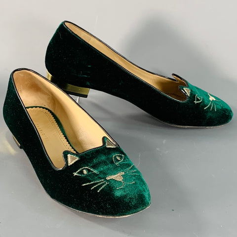 CHARLOTTE OLYMPIA Size 8.5 Green Gold Velvet Embroidered Kitty Slip On Flats