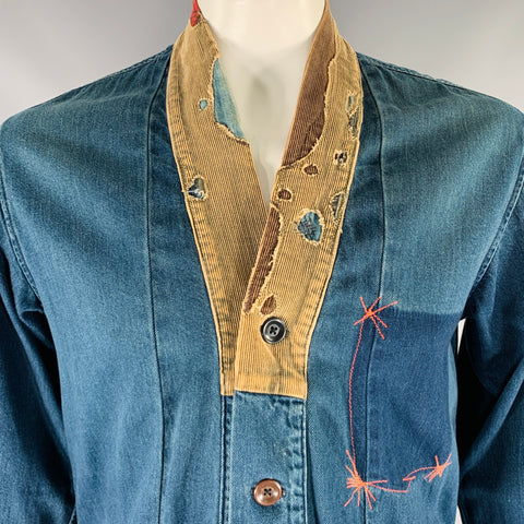 KOUNTRY Size XL Blue Tan Patch Cotton Blend Embroidered Cardigan