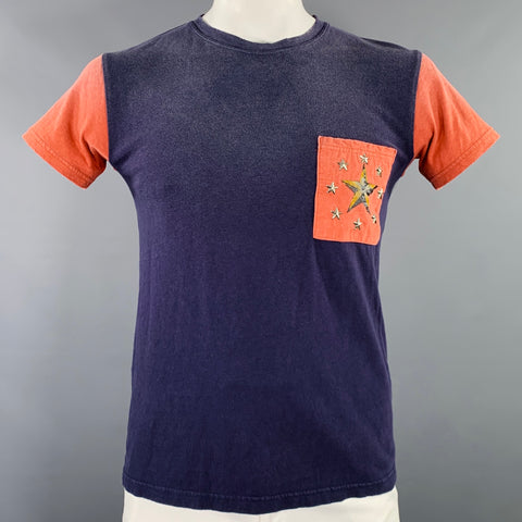 KAPITAL Size L Navy Red Color Block Cotton Crew Neck T-shirt