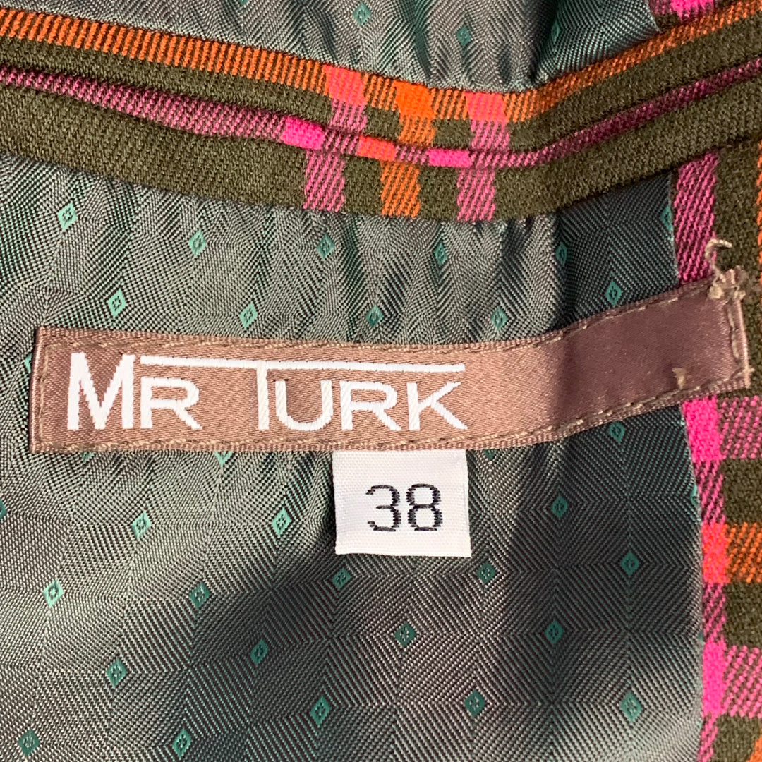 MR TURK Size 38 Olive Pink Orange Plaid Polyester Blend Notch Lapel Sport Coat