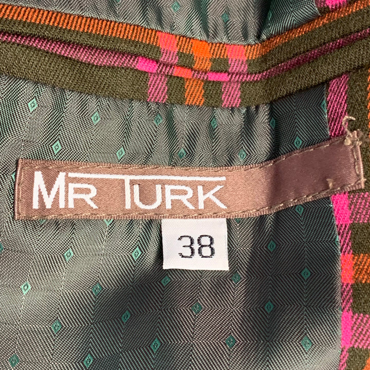 MR TURK Size 38 Olive Pink Orange Plaid Polyester Blend Notch Lapel Sport Coat