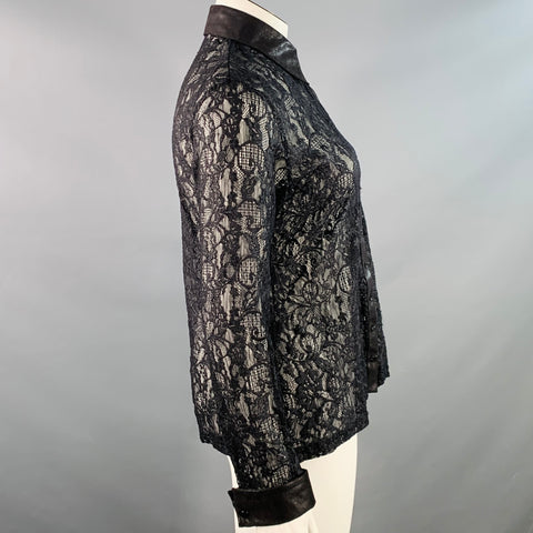ANNE FONTAINE Size XL Carine Black Polyamide Blend Lace Faux Leather Contrast Trim Blouse