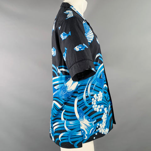 VALENTINO Size S Black White Blue Koi Fish Cotton One Pocket Camp Short Sleeve Shirt