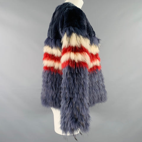 TWIN SET Size 4 Navy Red White Stripe Fur Jacket