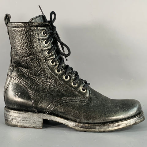 FRYE Size 7 Black Silver Leather Metallic Lace-Up Boots