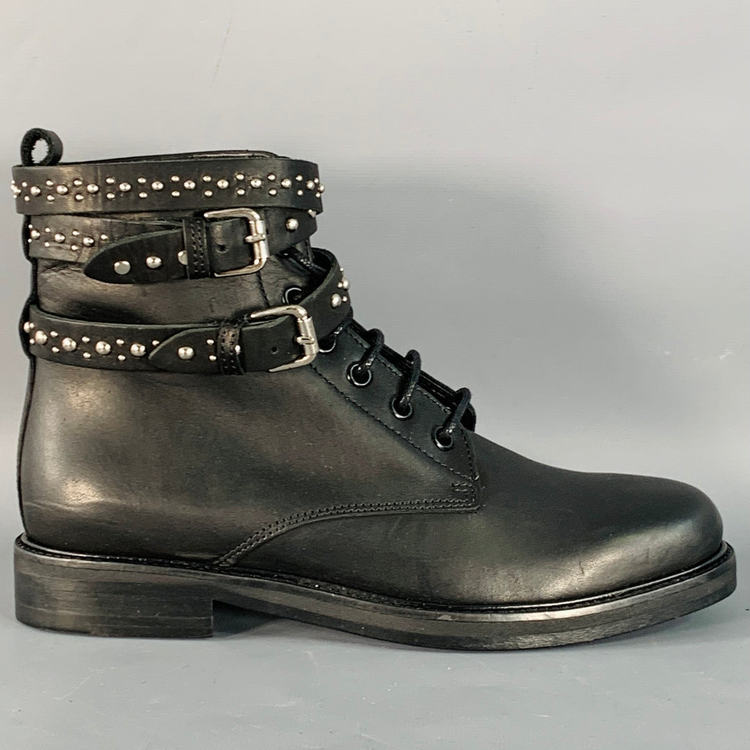 MAJE Size 6 Black Studded Leather Wrap Around Lace-Up Boots