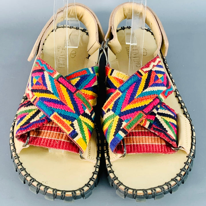 VALENTINO Size 10.5 Tan Multi Color Embroidery Leather Straps Sandals